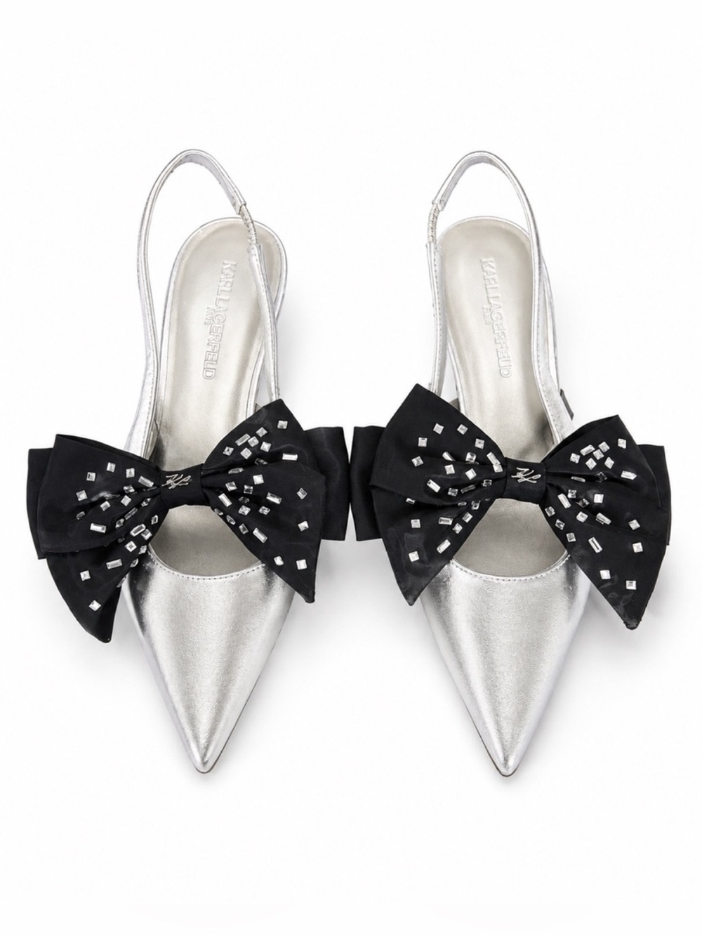 Karl Lagerfeld Silver Pointed Slingbacks with Black Bow